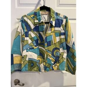 Life Style Petite Abstract Geometric Beaded Cotton Jacket Blue‎ Green Yellow PL